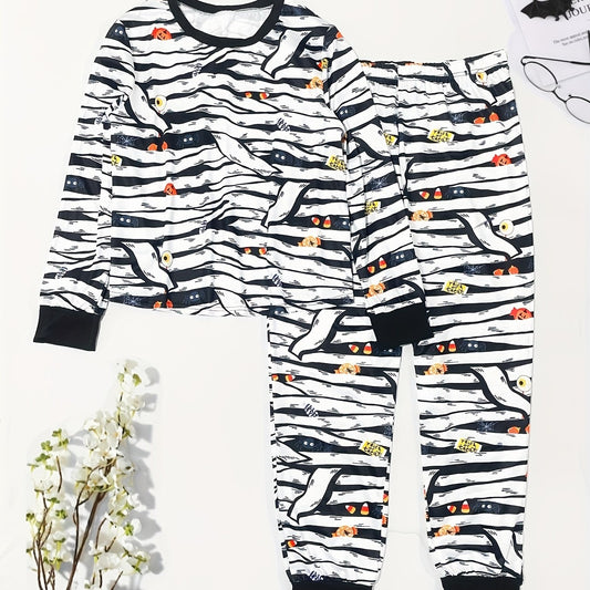  Halloween Gothic Pajama Set Women's Plus Stripe & Pumpkin Print