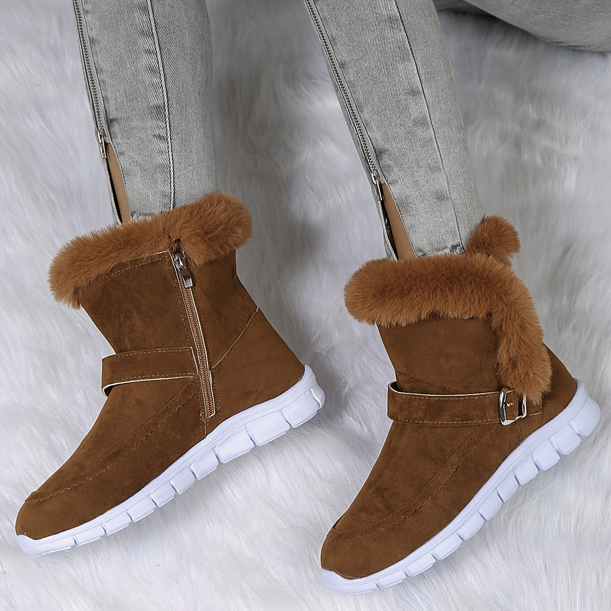 Women's Solid Snow Boots Side Zipper Round Toe Velvet Warm Fluffy Winter Shoes