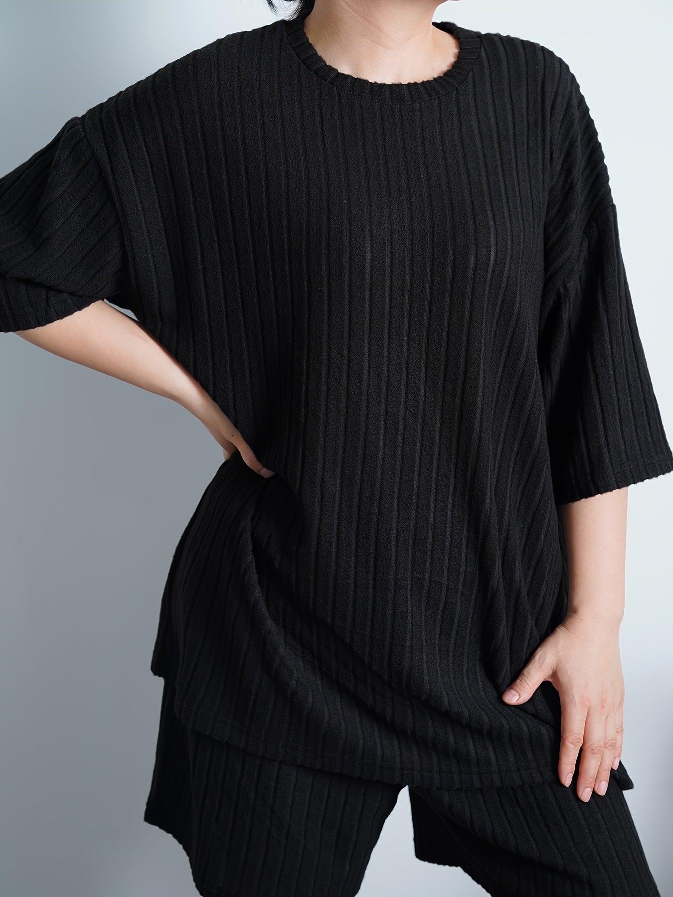  Ribbed Knit Sweater Set Short Sleeve Pullover & Short