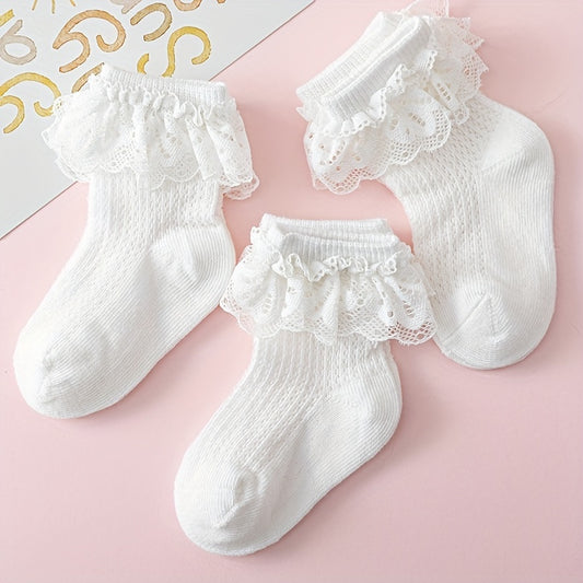 3 Pairs Lace Trim Socks for Baby Girls - Breathable & Comfortable