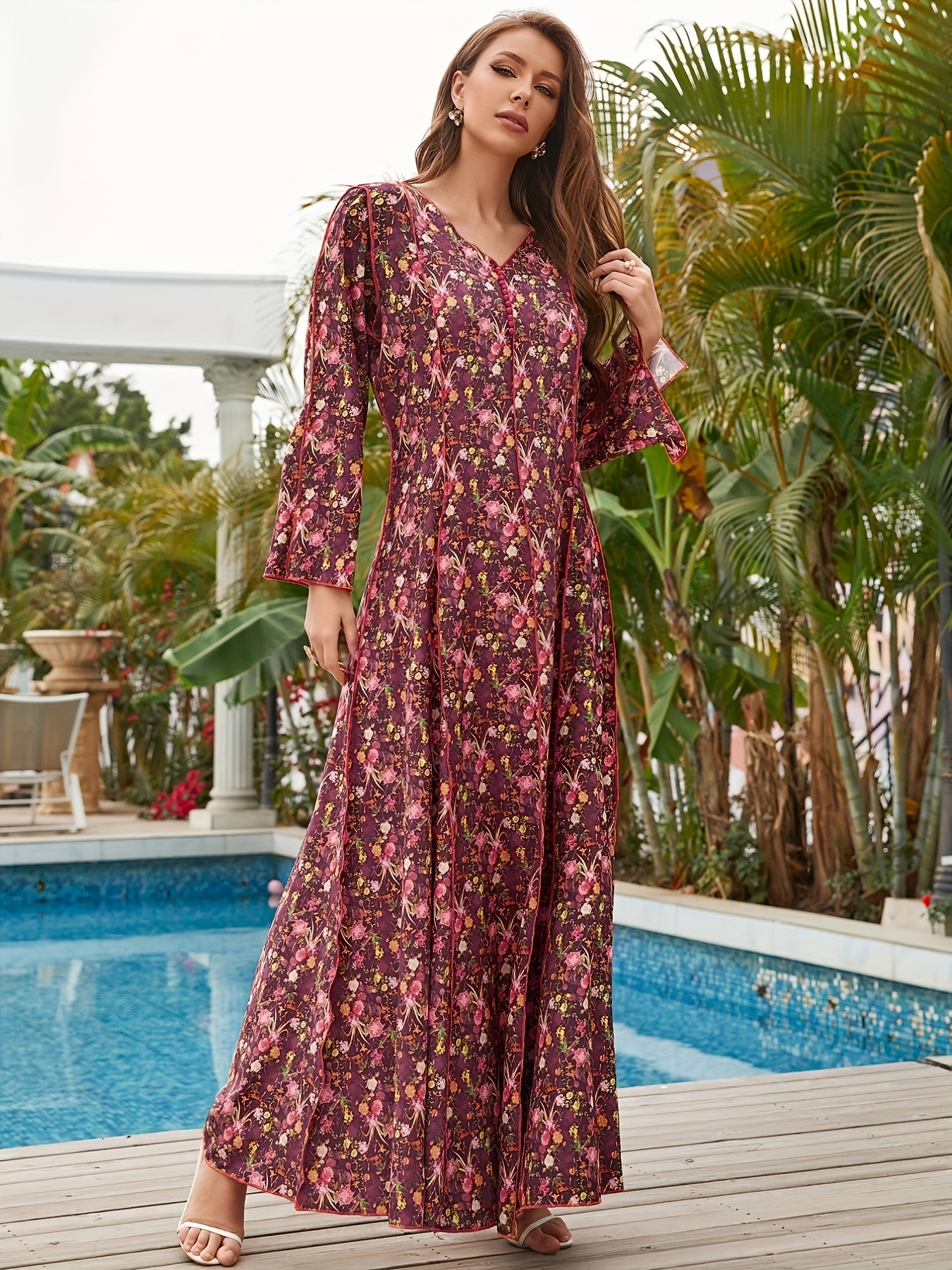  Abaya Dress Women's Plus Ditsy Floral & Stripe Print Maxi Dress