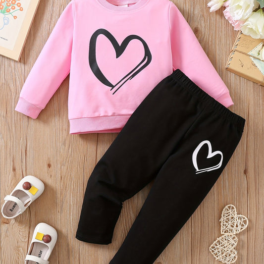 Toddler Girl's Heart Print 2pcs Sweatshirt & Sweatpants Set, Casual Outfits