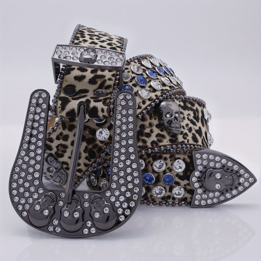 Leopard Skull Belt with Rhinestone Buckle Wide Waist Belt