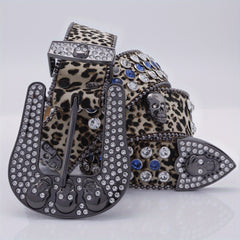 Leopard Skull Belt with Rhinestone Buckle Wide Waist Belt