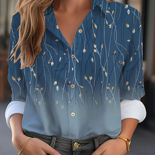  Ombre Floral Print Long Sleeve Button Up Shirt