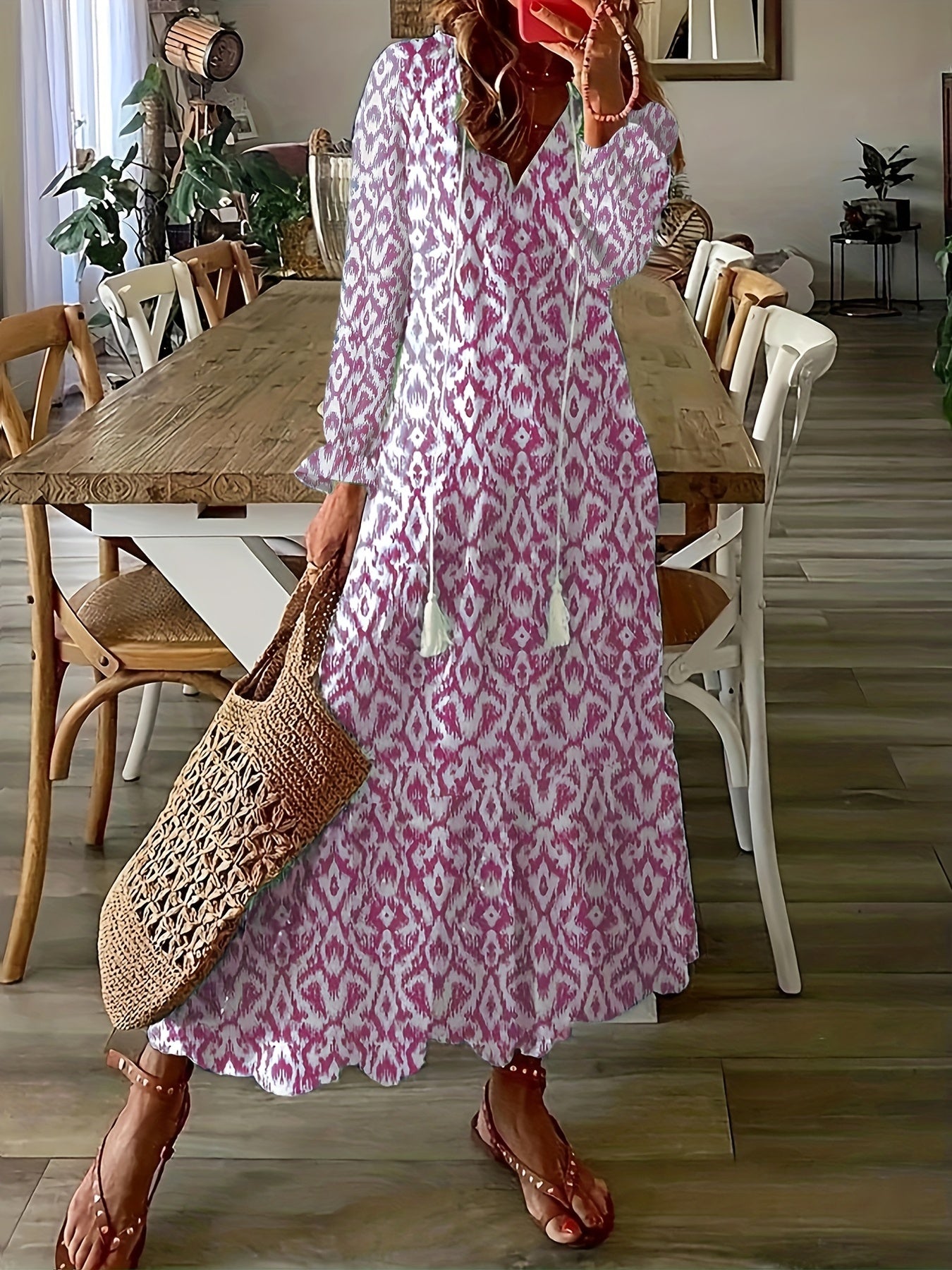  Boho Maxi Dress Allover Print Flounce Sleeve V Neck Smock
