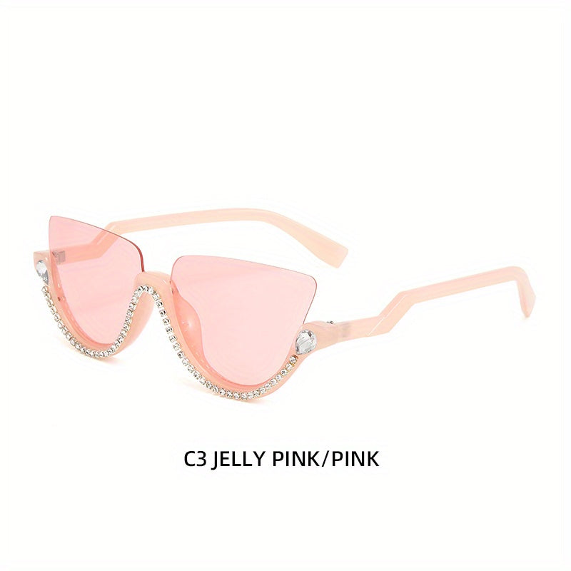 Y2K Cat Eye Semi Rimless Sunglasses with Rhinestones