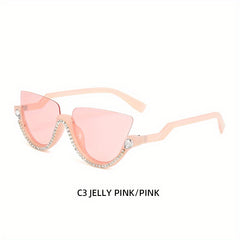 Y2K Cat Eye Semi Rimless Sunglasses with Rhinestones