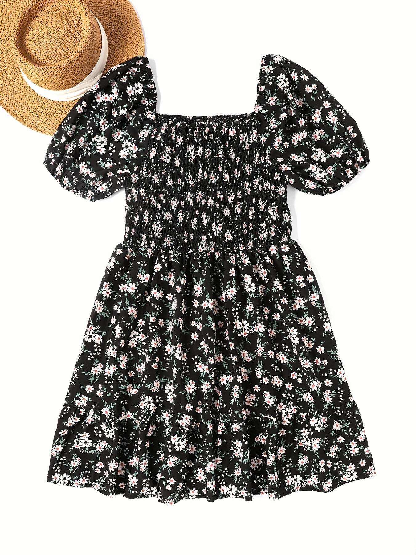  Ditsy Print Puff Sleeve Square Neck Stretch Dress