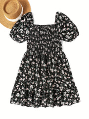  Ditsy Print Puff Sleeve Square Neck Stretch Dress