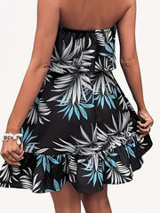  Tropical Print Strapless Ruffle Trim Mini Tube Dress