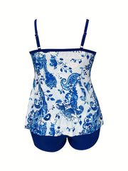 Floral Print Boho Tankini Set Plus Size Women's Strappy Top & Shorts