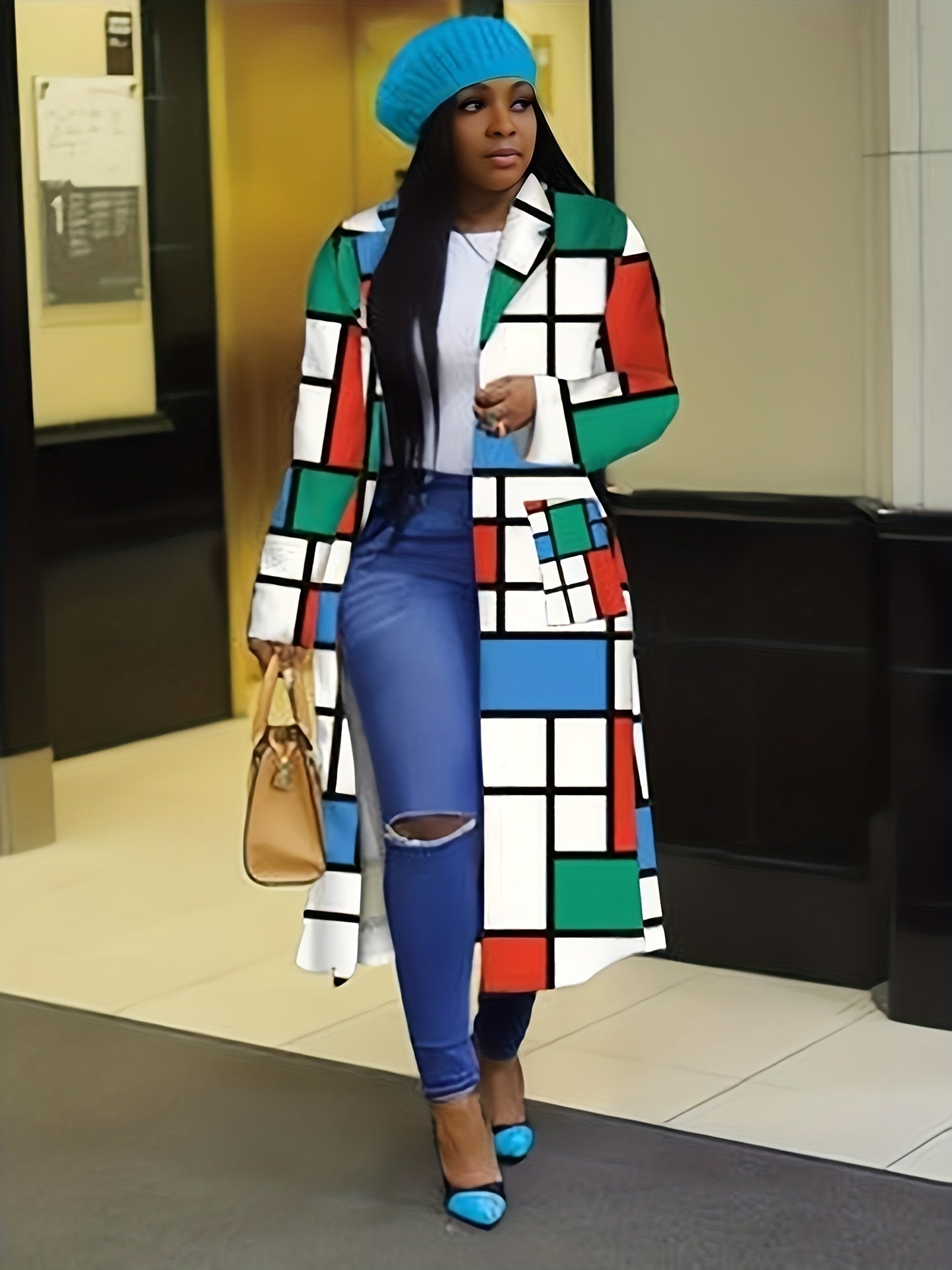 Plaid Patchwork Button Down Double Lapel Trench Coat Winter Jacket