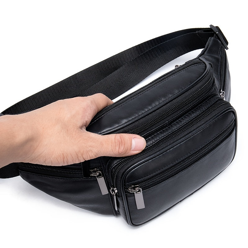 Men's Leather Fanny Pack Top Layer Cowhide Shoulder Bag for Sports Running