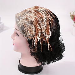 Sequin Tassel Embroidery Beanie Lace Flower Turban Cap Head Wrap