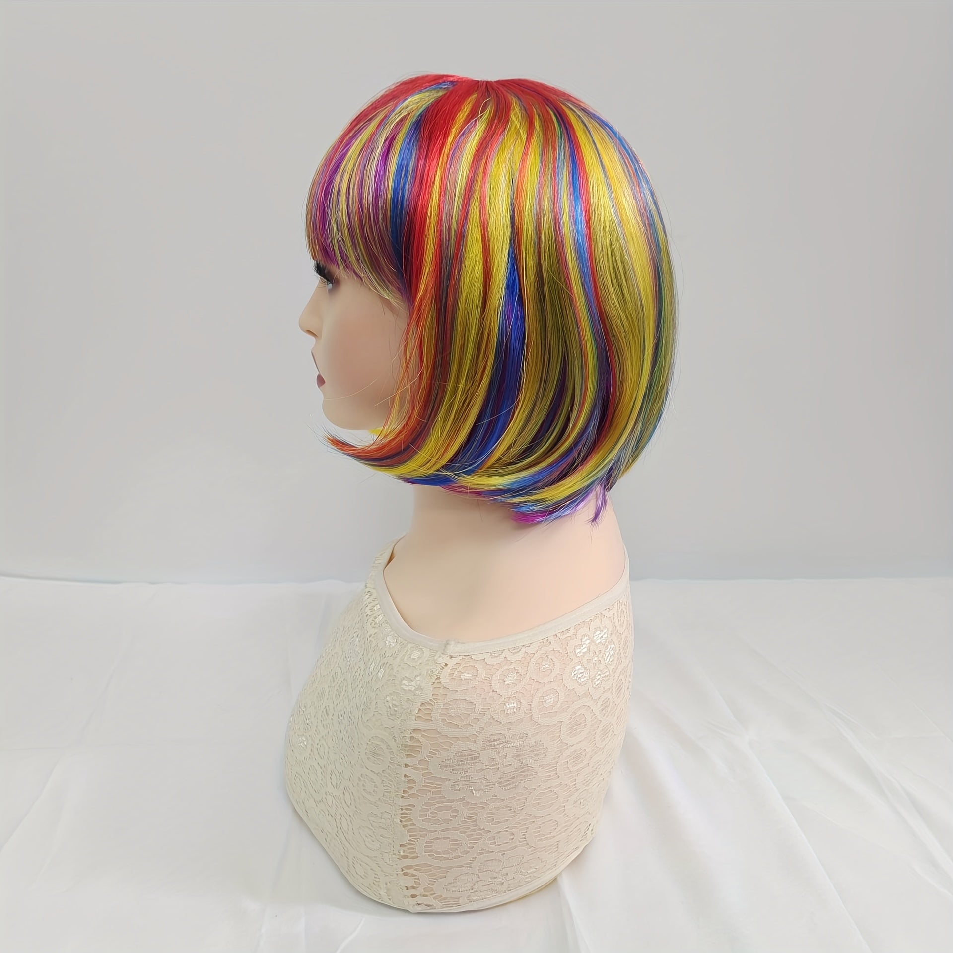 Rainbow Colors Short Hair Bob Wig With Bangs Synthetic Cosplay Daily Party Wig