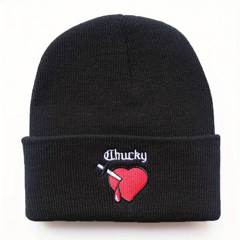 Heart Embroidery Unisex Couple Beanie Solid Knit Hat Elastic Windproof