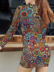 Women's Plus Allover Print Long Sleeve Round Neck Mini Slim Fit Dress
