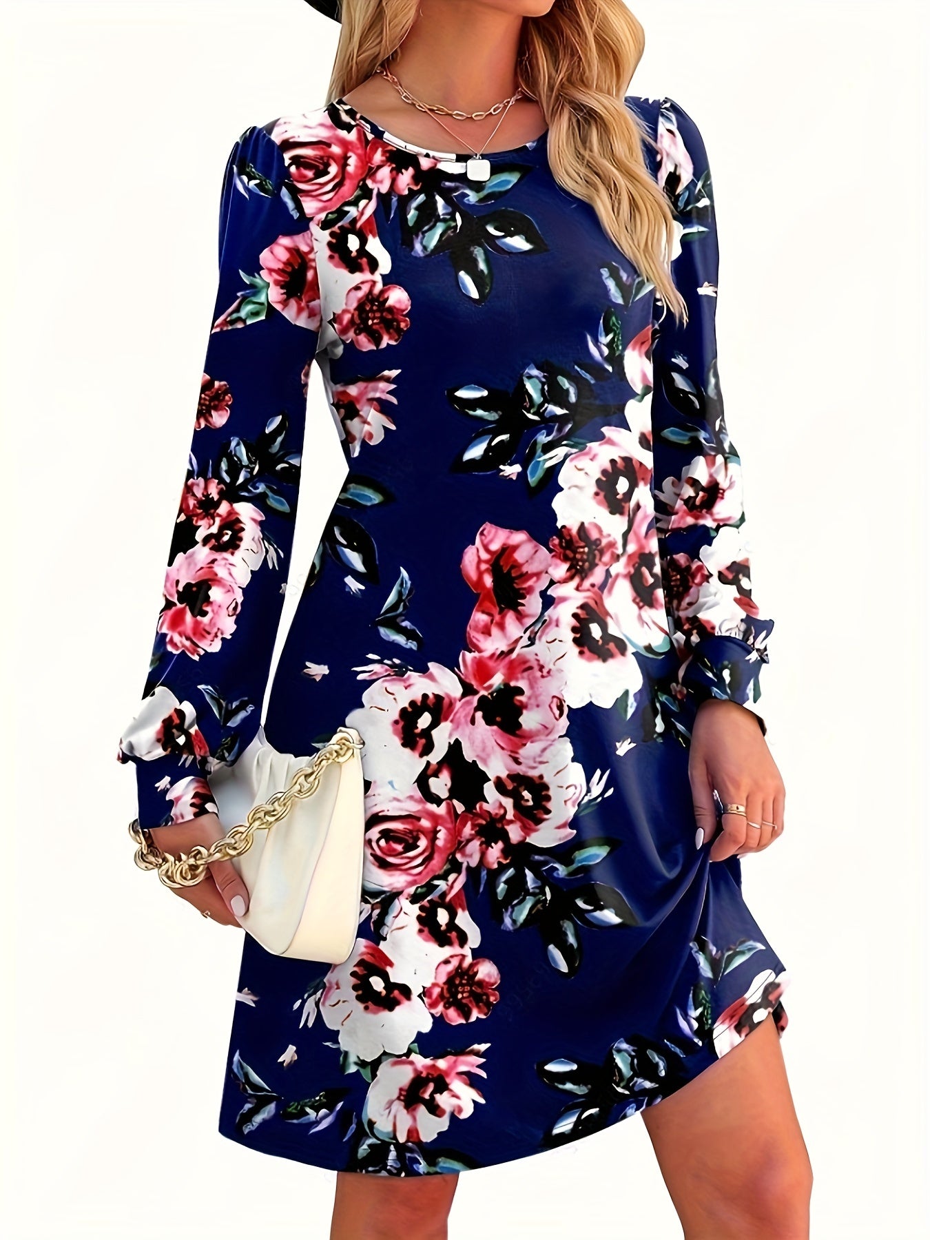  Women's Floral Print Long Sleeve Tee Dress