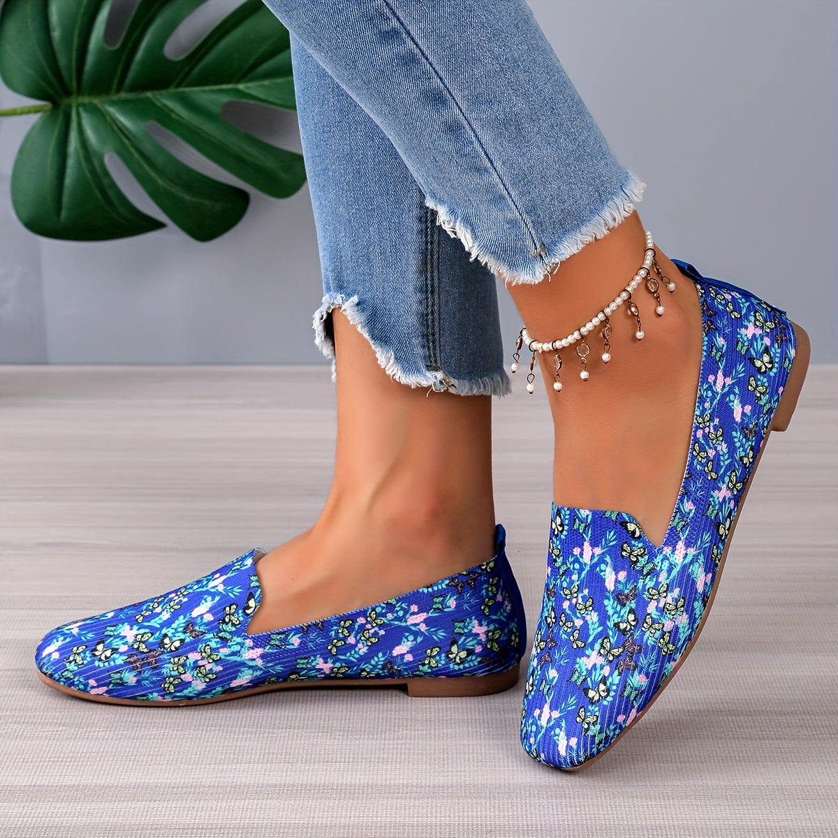 Flower & Butterfly Pattern Flat Shoes Lightweight Slip On Shoes