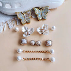 12pcs Golden Shoe Decorative Accessories Set with Rhinestone Diamond Pearl Chain
