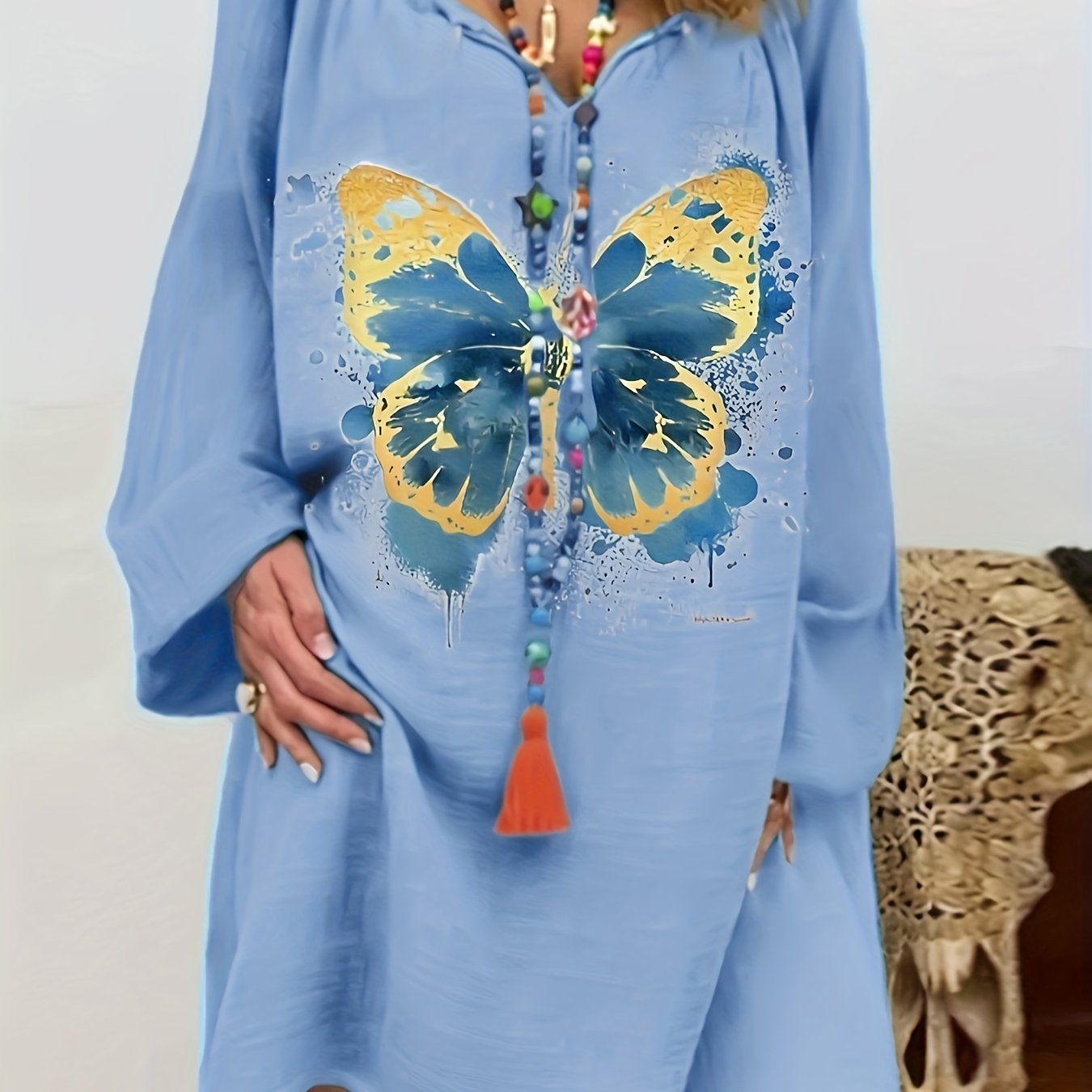  Tie Dye Butterfly Print Lantern Sleeve Loose Dress