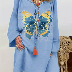  Tie Dye Butterfly Print Lantern Sleeve Loose Dress