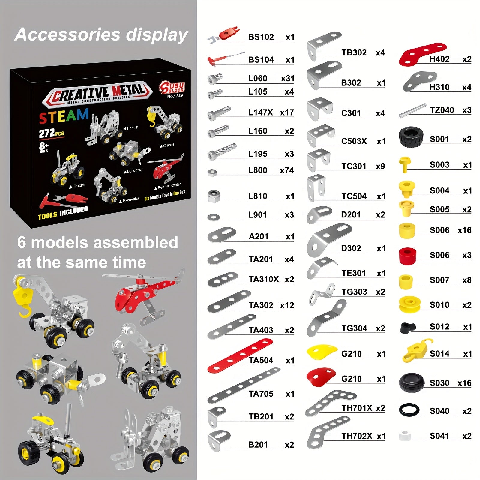 272pcs Metal Building Blocks DIY Engineering Educational Toy for Ages 8