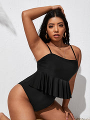 Solid Ruffle Trim One Piece Bikini Plus Size High Stretch Swimsuit
