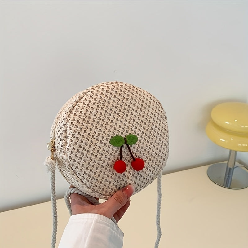 Straw Cherry Mini Shoulder Bag Zipper Round Crossbody Bag