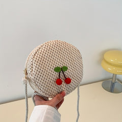 Straw Cherry Mini Shoulder Bag Zipper Round Crossbody Bag