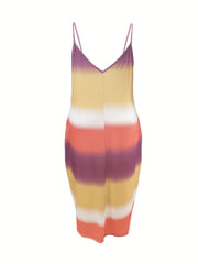  Colorblock Tie Dye V Neck Cami Dress With Pockets