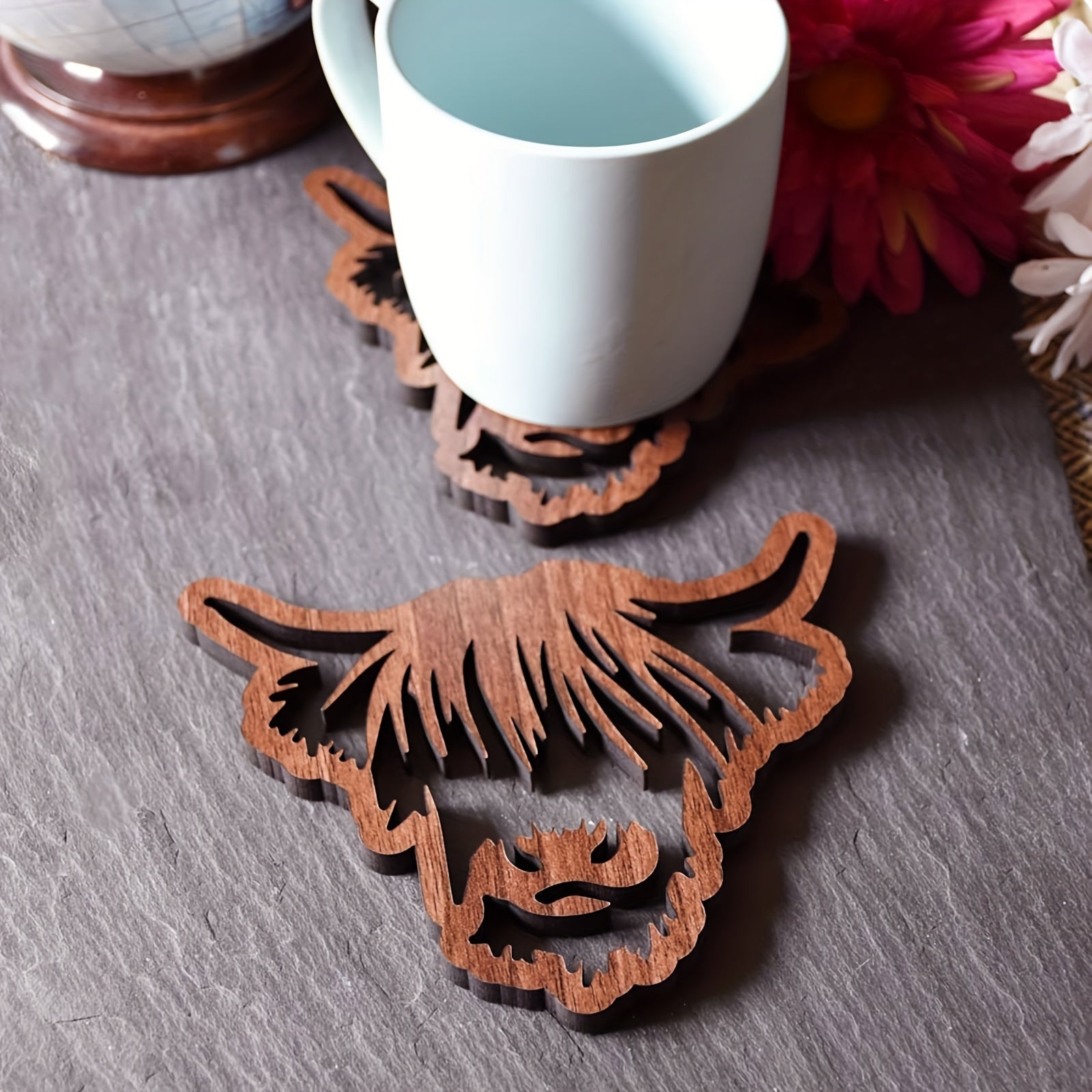 Highland Cow Wooden Coaster Hollow Out Cattle Table Mat