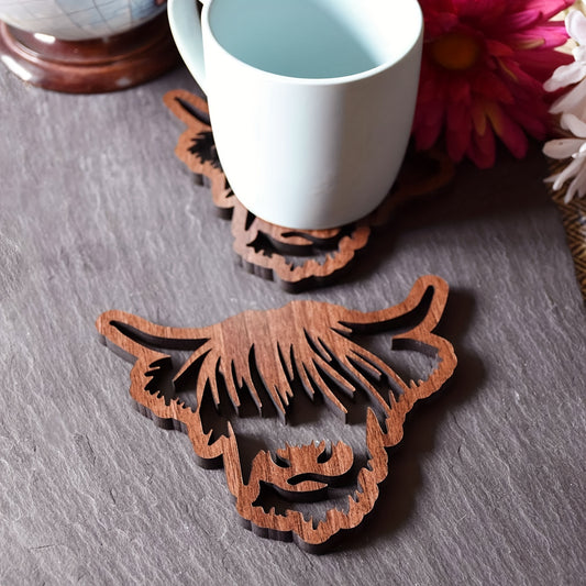 Highland Cow Wooden Coaster Hollow Out Cattle Table Mat