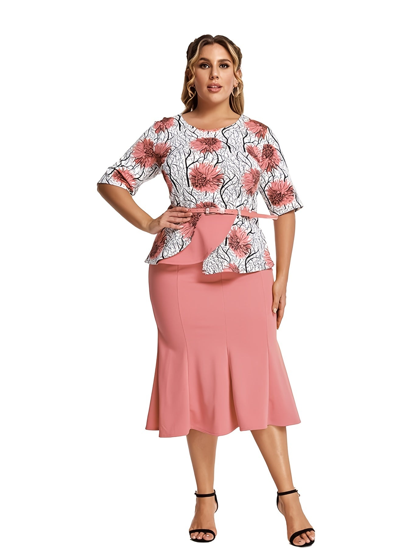  Colorblock Floral Print Mermaid Maxi Dress