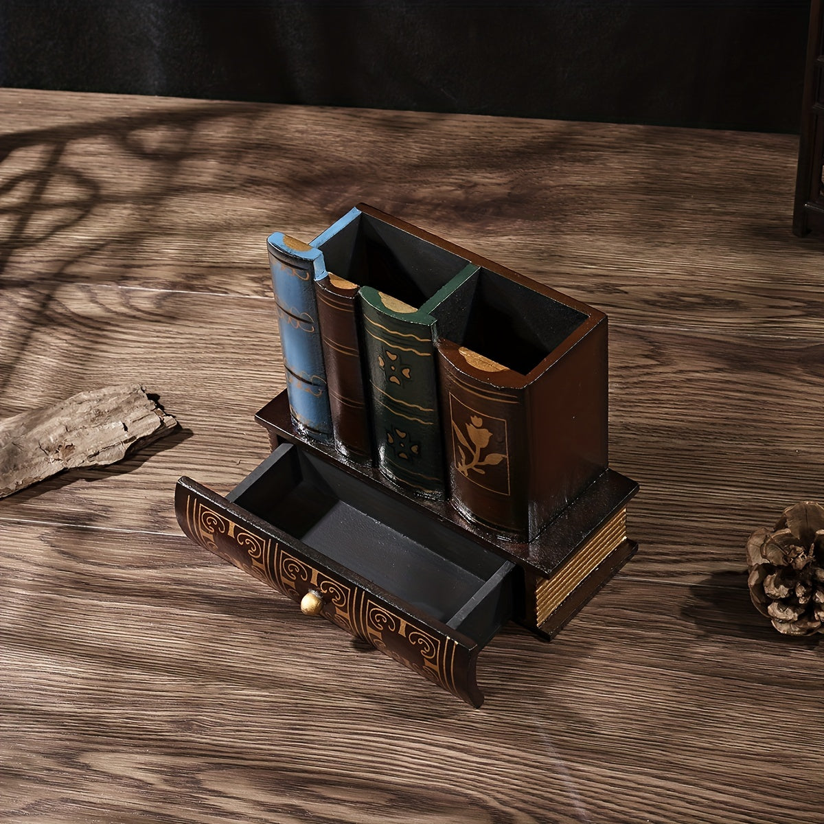 Vintage Book Shape Wooden Storage Box with Pen Holder