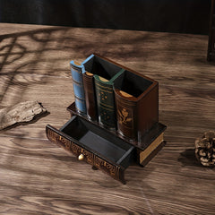 Vintage Book Shape Wooden Storage Box with Pen Holder