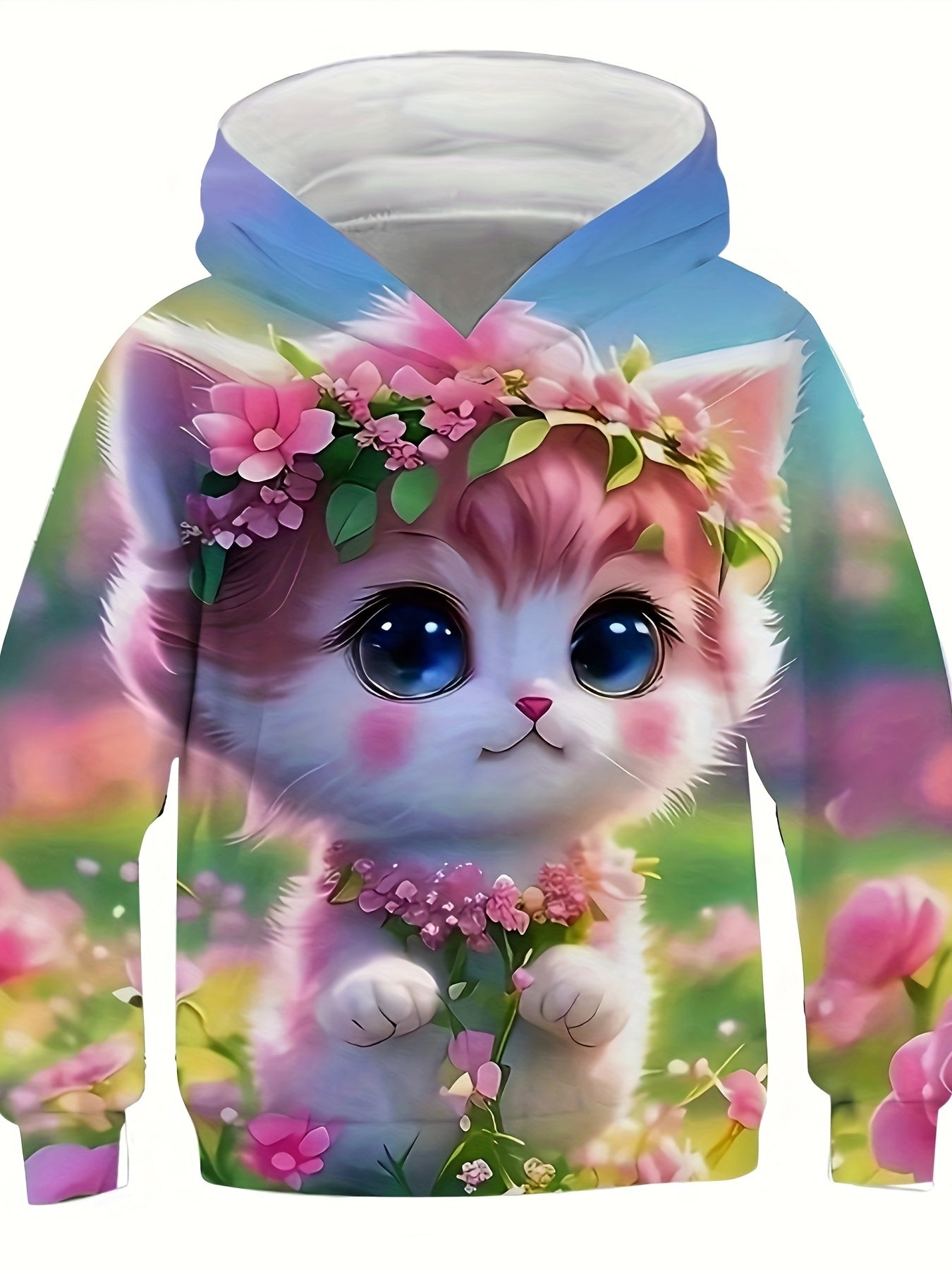 Girls Kitty & Flower Graphic Hoodies Comfy Casual Sweatshirt