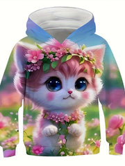 Girls Kitty & Flower Graphic Hoodies Comfy Casual Sweatshirt