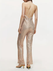 Glitter Sequined Backless Halter Neck Jumpsuit Sexy Jumpsuit