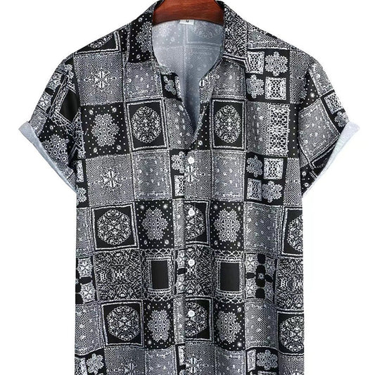 Vintage Geo Print Men Crop Collar Blouse