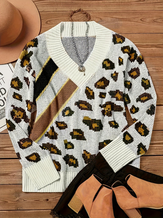  Colorblock Leopard Print V-Neck Sweater