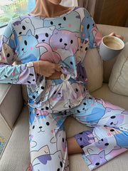 Cat Print Pajama Set Long Sleeve Top & Pants
