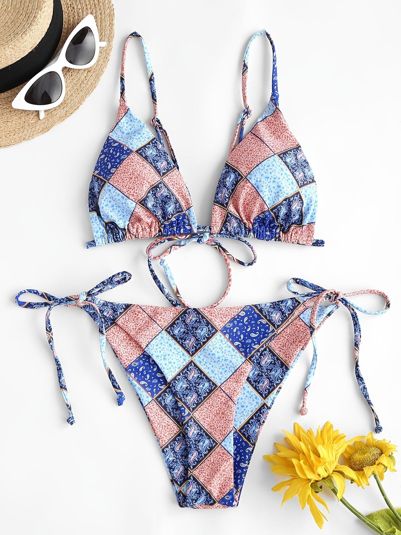Paisley Print Bikini Sets V Neck Spaghetti Straps Tie Back Backless Swimsuit
