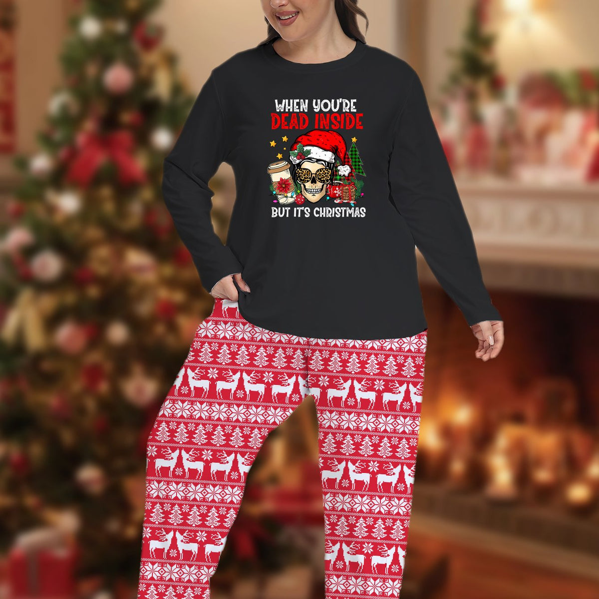  Gothic Christmas Pajamas: Skull Print Shirt & Elk Stripe Pants