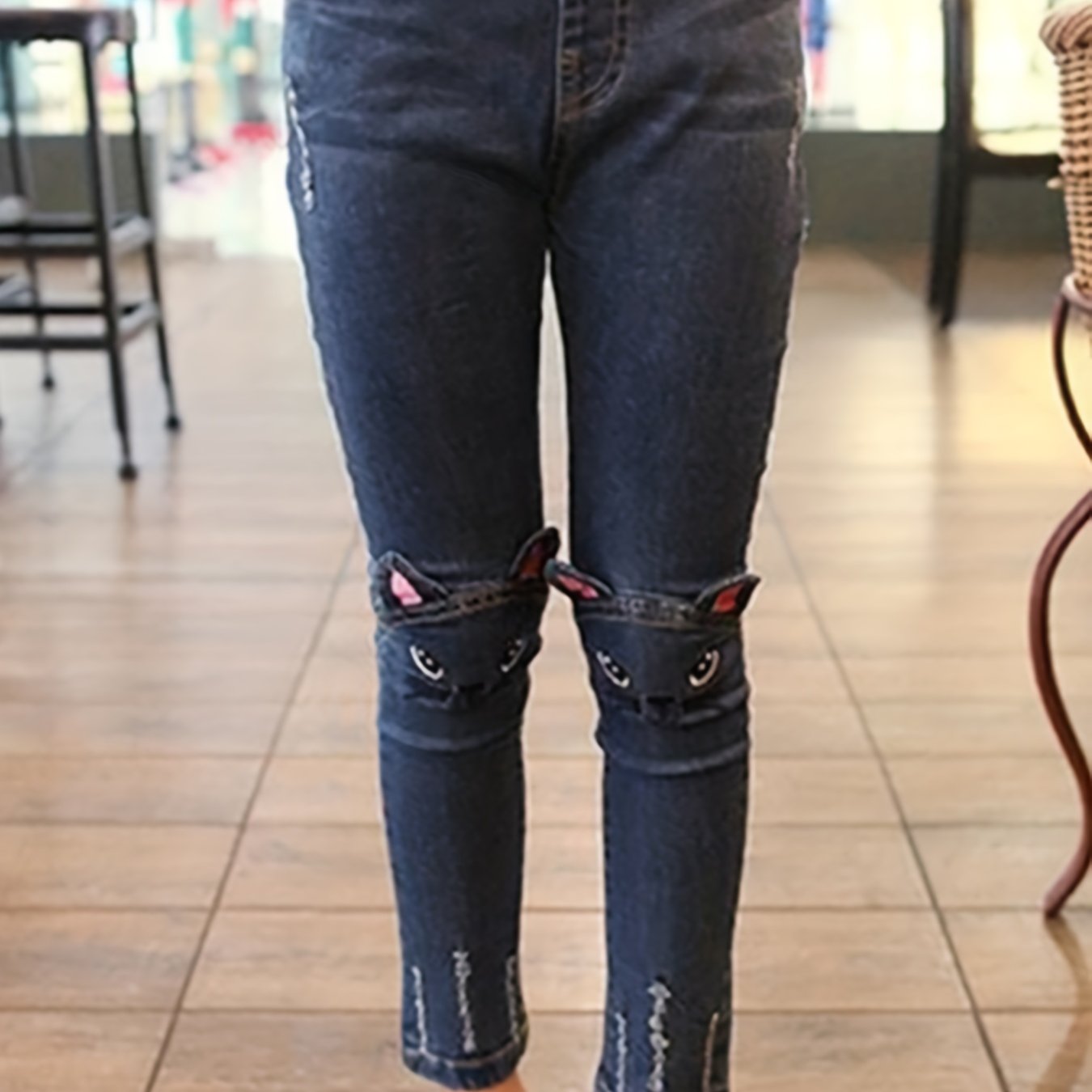 Boys Ripped Skinny Jeans Cat Design Tasseled Denim Pants