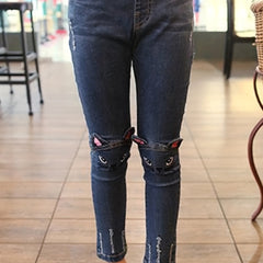 Boys Ripped Skinny Jeans Cat Design Tasseled Denim Pants