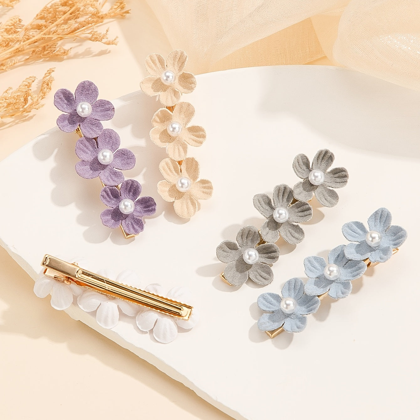 5pcs Pearl Flower Hairclip Barrette Hairpin Snap Clip Party Prom