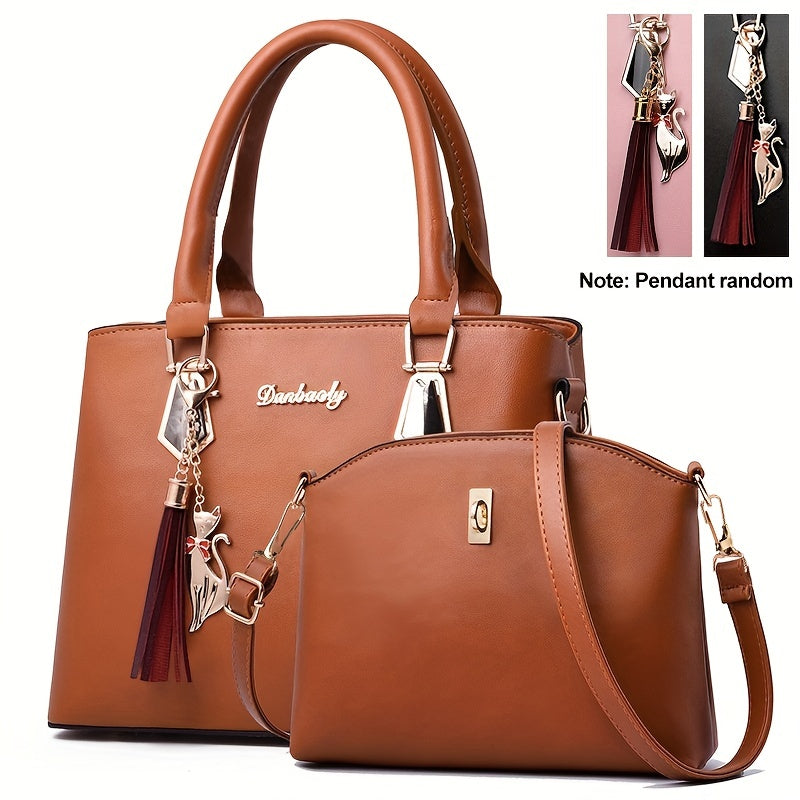 2pcs Tassel Decor Handbag & Crossbody Bag Set Women's Office & Work Purse