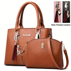 2pcs Tassel Decor Handbag & Crossbody Bag Set Women's Office & Work Purse
